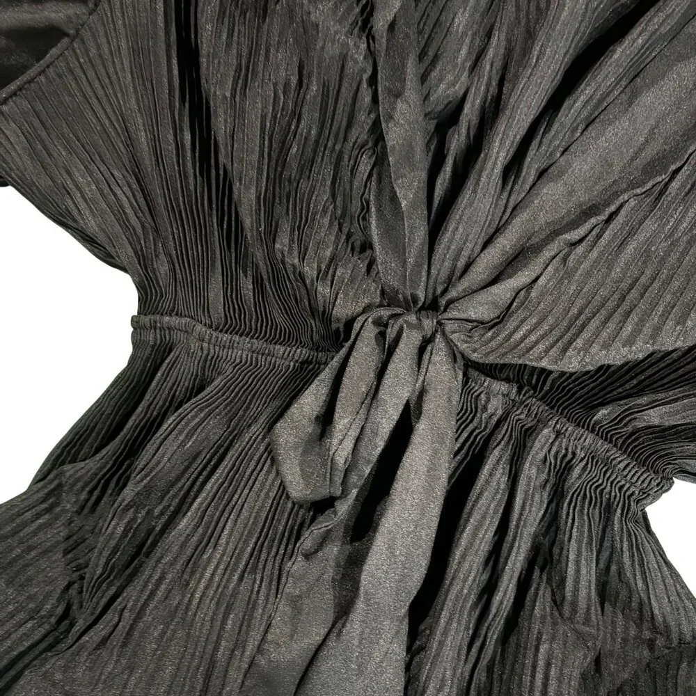 Black WoWo Pleated Puff Sleeve Wrap Top With Tie - Size XXL - Picture 3 of 4